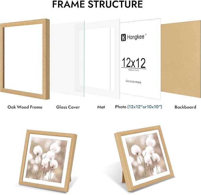 Hongkee 12x12 Oak Wood Picture Frame 1 Pack(Matted 10x10), Real Glass Cover | Natural, 10 x 10 Solid Wood Frame for Wall or Tabletop Display - Includes Easel Back, Vertical Hang - Ideal for Home, Office