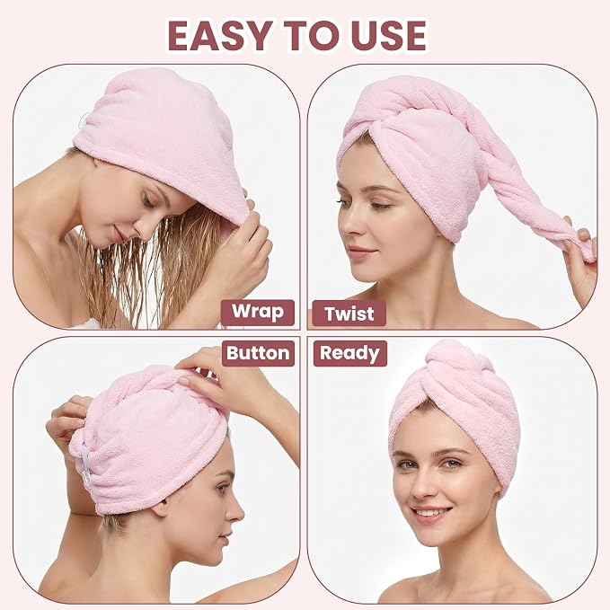 Mandydov 100% Cotton Hair Towel Wrap for Women, 2 Pack Thickened & Super Absorbent Turbans, Anti Frizz Quick Dry Hair Towels (Pink)