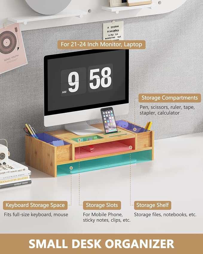 Ufine Bamboo Monitor Stand with Storage Compartments Small Desk Organizer | Ergonomic Computer Laptop Riser with Pen Holder Keyboard Storage for Home Office
