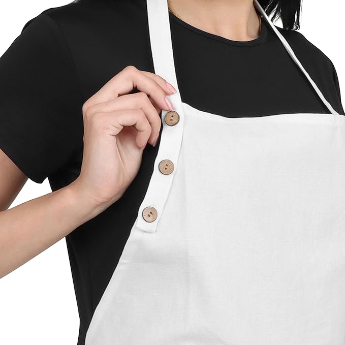 Cotton Kitchen Apron, White, 33 Inches Long, 2 Pockets, Adjustable, Machine Washable