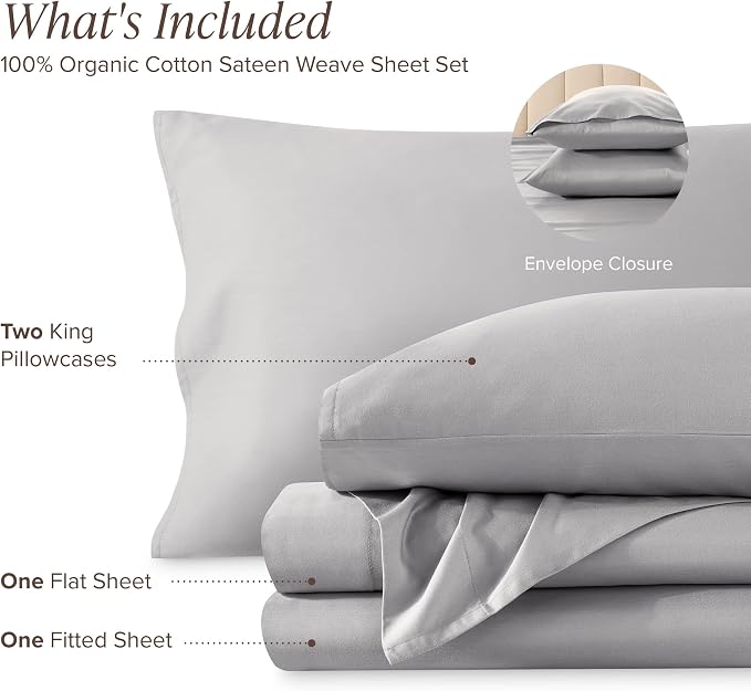 Bare Home 100% Organic Cotton King Sheet Set - 400 Thread Count - Smooth Sateen Weave - Breathable & Cooling - Hotel Luxury Set - Deep Pocket Bed Sheets (King, Light Grey)