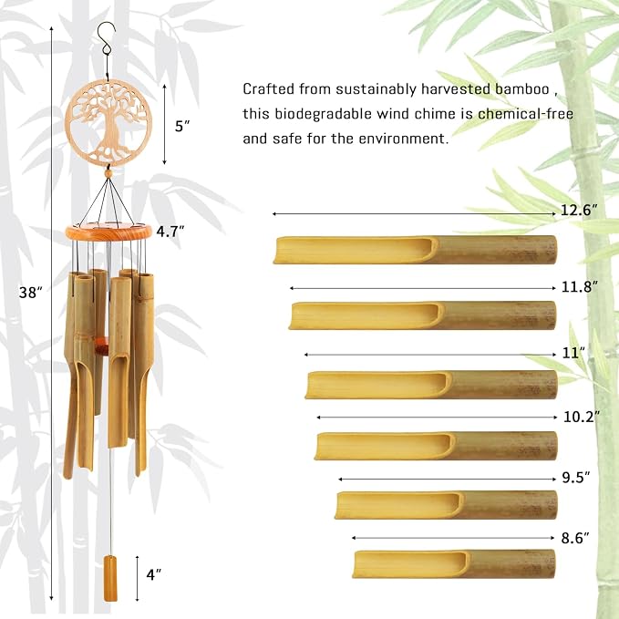 Bamboo Wind Chimes Outdoor,Tree of Life Wooden Wind Chimes for Outside with Melody Deep Tone,36" Classic Zen Garden Windchime for Relaxation, Grace.Home Décor for Patio, Garden or Indoor