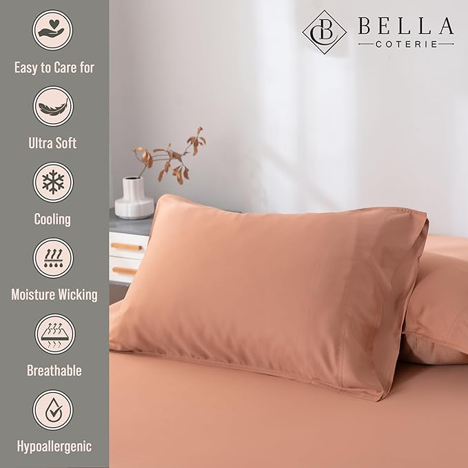 Bella Coterie | Luxury Bamboo Viscose Standard Size Pillowcase Set | 100% Organically Grown | Ultra Soft | Cooling | 2 Pcs [Terracotta]