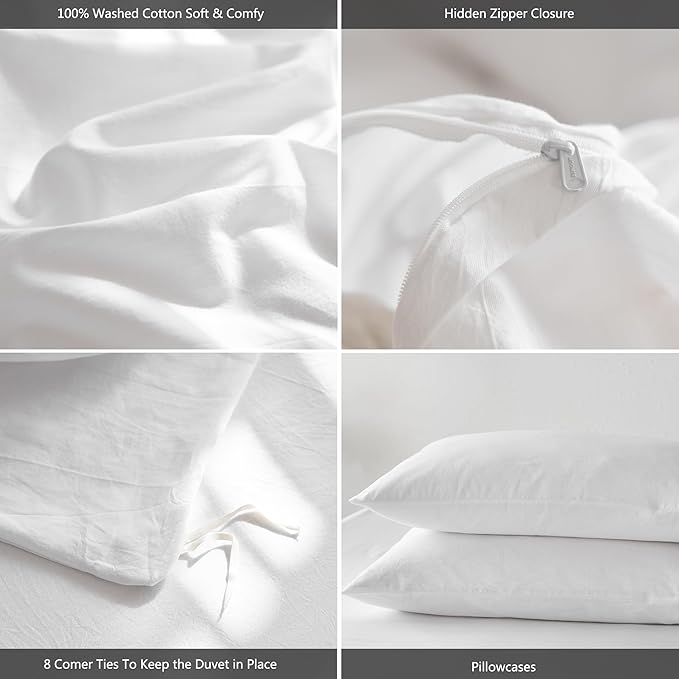 MooMee Full Duvet Cover Set, 100% Washed Cotton Linen Like Twill Thick Sturdy Material Super Soft Breathable Durable Bedding for All Season, 3 Pieces (Bright White, Full 80"x90")