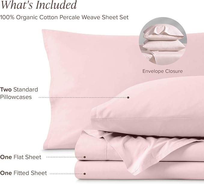Bare Home 100% Organic Cotton Full Sheet Set - Crisp Percale Weave - Lightweight & Breathable - Bedding Sheets & Pillowcases (Full, Dusty Pink)