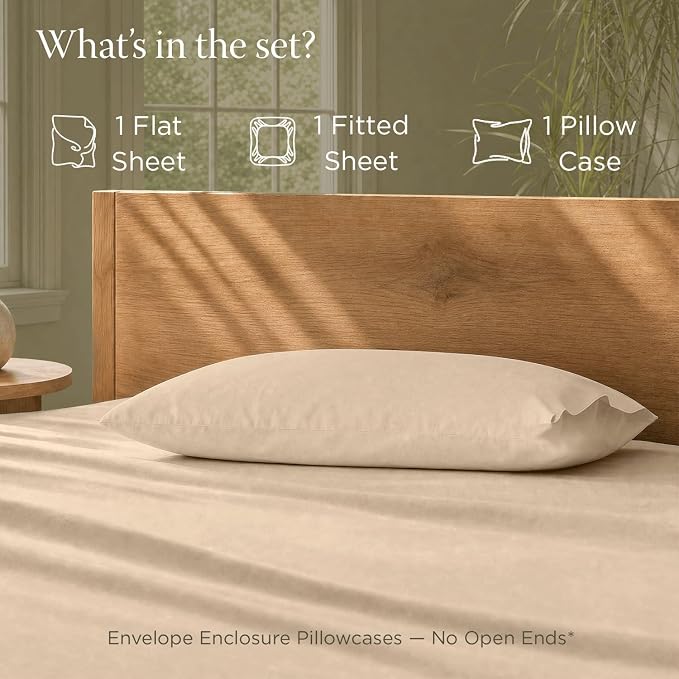 Threadmill 100% Organic Cotton Twin Sheet Set - GOTS Certified, 3 Piece, Beige - Soft and Breathable Sheets with All-Round Elastic Deep Pocket for Snug Fit, Healthy Bedding Set