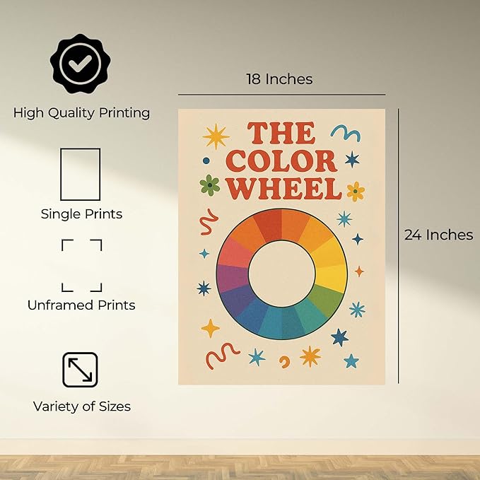InkFlow Posters The Color Wheel Poster - Retro Colorful Typography Graphic - Modern Educational Print - Trendy Art for Kids Room, Classroom, Home - 18x24 Unframed Canvas Print