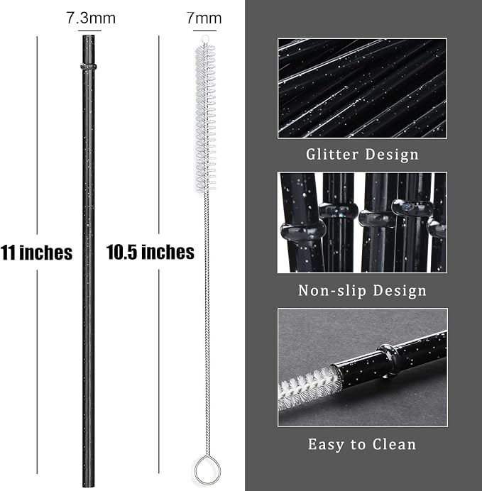 ALINK 12 PCS Reusable Glitter Straws, 11" Long Black Hard Plastic Tumbler Straws, Replacement Drinking Straws for 16 OZ 20 OZ 30 OZ Stanley, YETI, Mason Jar, Starbucks Cups with Brush