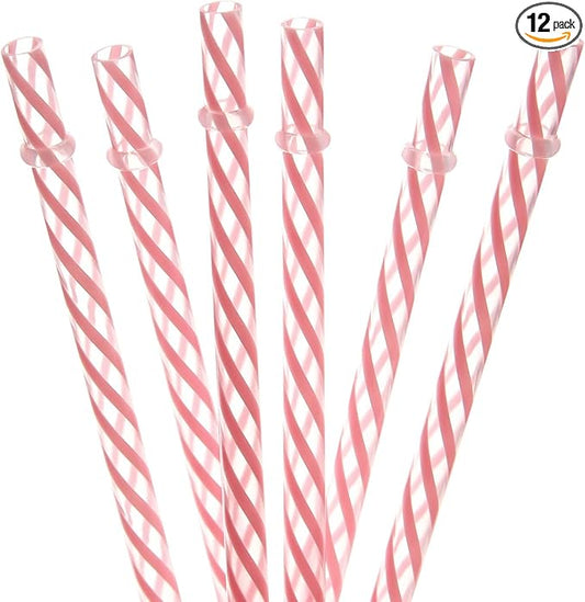 Dakoufish 12 Piece 9 Inch Reusable Plastic Thick Drinking Straws BPA Free Mason Jar Straws transparent small Stripe 6 Colors (9inch Pink)