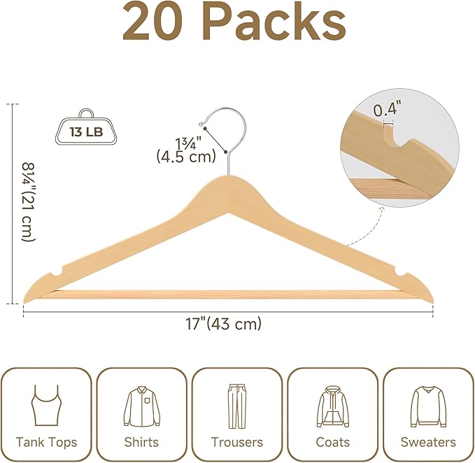 StorageWorks Clothes Hangers, Wooden Hangers 20 Pack for Closet, Wood Hangers for Coats, Shirts, Jackets, Pants, Suits, Natural Wood Color