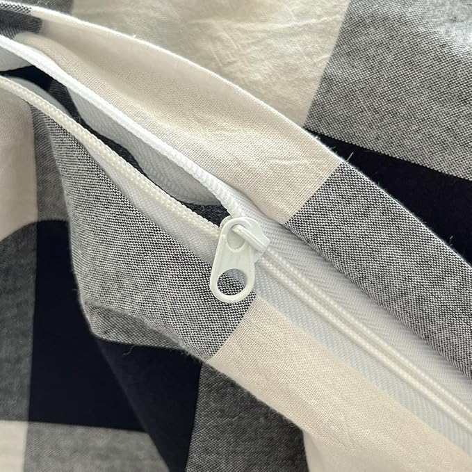 FACE TWO FACE Bedding Duvet Cover Set100% Washed Cotton Duvet Cover Linen Like Textured Breathable Durable Soft Comfy (Twin, Black and White Grid)