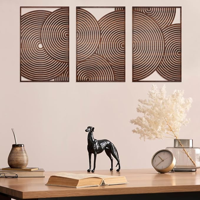 Yerliker 3 Pcs Mid Century Modern Wood Wall Art Decorations 3D Geometric Abstract Wall Sculpture for Living Room Bedroom Office Minimalist Aesthetic(Retro,15.75 x 15.75 x 1.97 Inch)