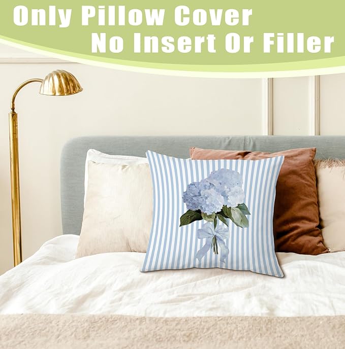 Coquette Blue Bow Hydrangea Floral 18x18 Pillow Cover, Blue Hydrangea Decor, Flower Striped Decorative Throw Pillow Cover for Girls Dorm Bedroom Living Room Home