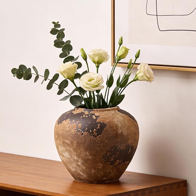 Rustic Ceramic Vase, 6.9 Inch Wabi Sabi Decorative Pottery Flower Vase, Vintage Neutral Vase for Centerpieces, Living Room, Shelf, Entryway, Wedding, Table Decoration