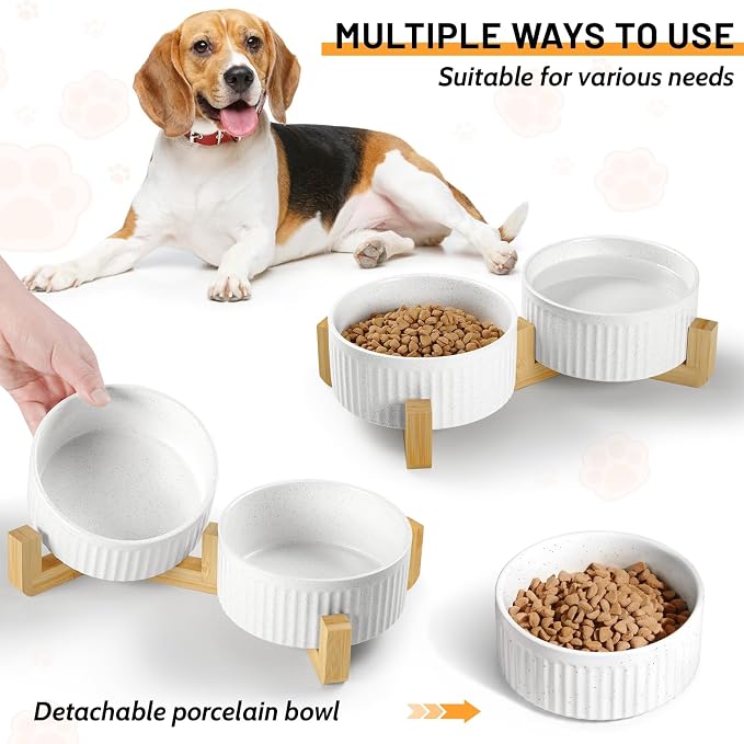 Non-Slip Ceramic Dog Bowls with Wood Stand,6" Dog Food and Water Bowl Set with Silicone Base, 32 OZ/4 Cups Weighted Flip-Proof Pet Feeding Bowl for Small Dogs and Cats (Medium,White)