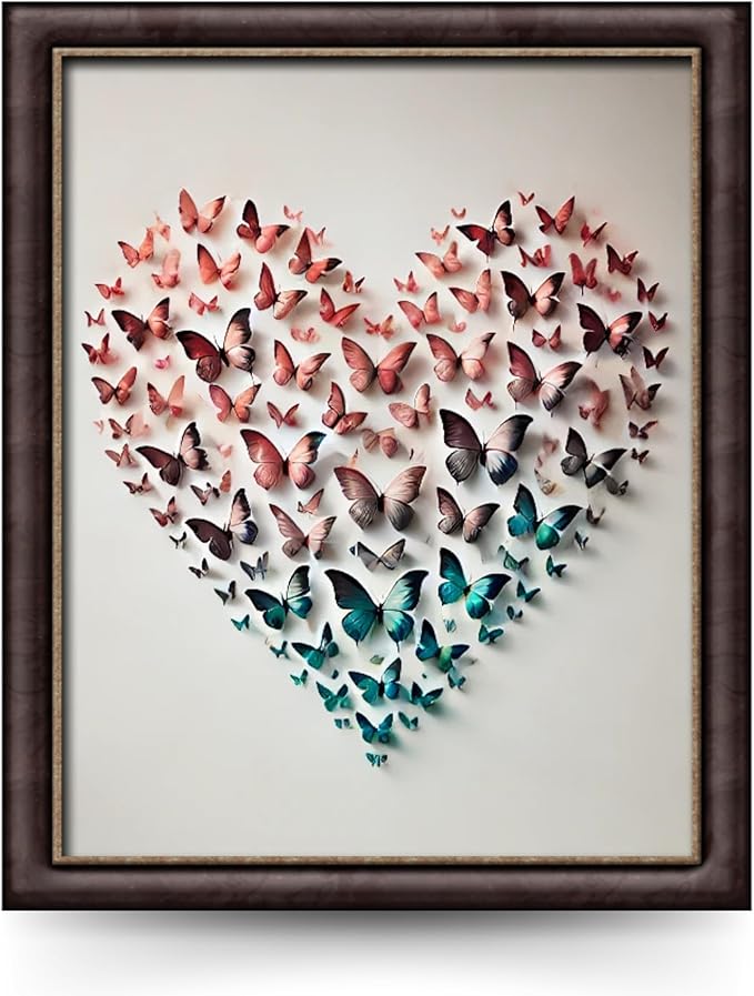 InkFlow Posters Butterfly Heart Poster - 3D Paper Butterflies in Pink, Blue, and Teal - Abstract Love Art for Bedroom, Living Room, Home - 11x14 Unframed Canvas Print
