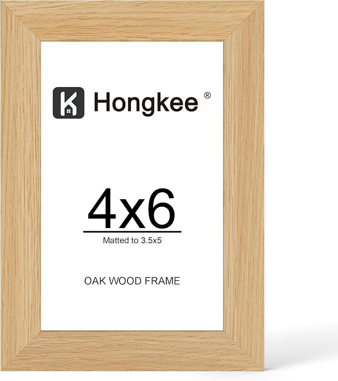 Hongkee 4x6 Oak Wood Picture Frame 1 Pack(Matted 3.5x5), Real Glass Cover | Natural, 4 x 6 Solid Wood Frame for Wall or Tabletop Display - Includes Easel Back, Vertical Hang - Ideal for Home, Office