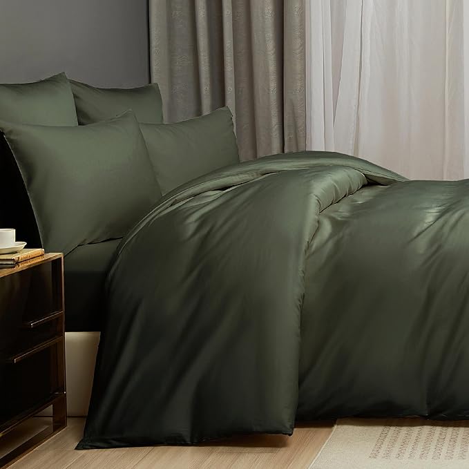 Olive Green Cotton Duvet Cover Set Twin 100% Long-Staple Cotton Sateen Bedding Set, Soft Breathable Smooth Organic Pure Cotton Plain Comforter Cover, Luxury Minimalist Bedroom Decor for All Season