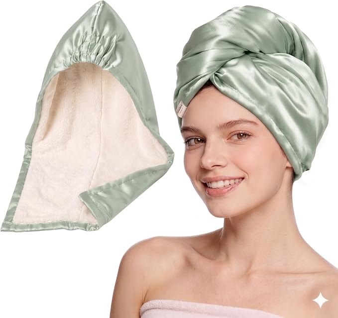 YANIBEST Satin Microfiber Hair Towel Wrap for Women, Fast Drying, Ultra Absorbent, Head Turban with Elastic for All Hair Types, Green