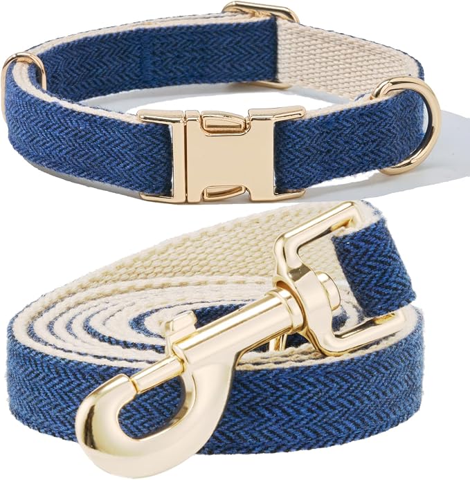 Luxury Soft Cotton Tweed Fabric Dog Collar & Leash Set with Gold Buckle – Durable Fabric, Stylish Design for Everyday Walks(Medium Navy)