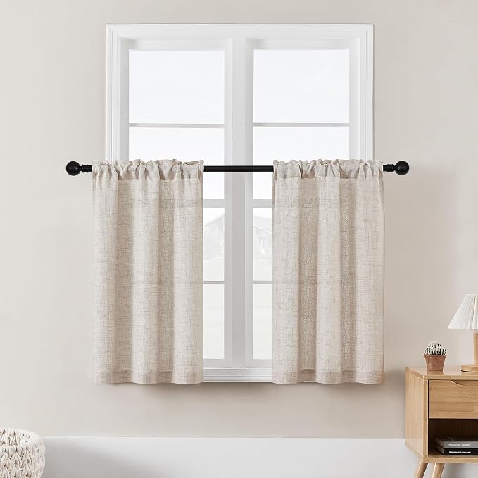 Farmhouse 36 Inch Curtains for Kitchen Window Bathroom Bedroom Light Filtering Semi Sheer Chic Boho Light Coffee Beige Tan Small Short Cafe Curtains Linen Drapes Rod Pocket 2 Panels W25xL36