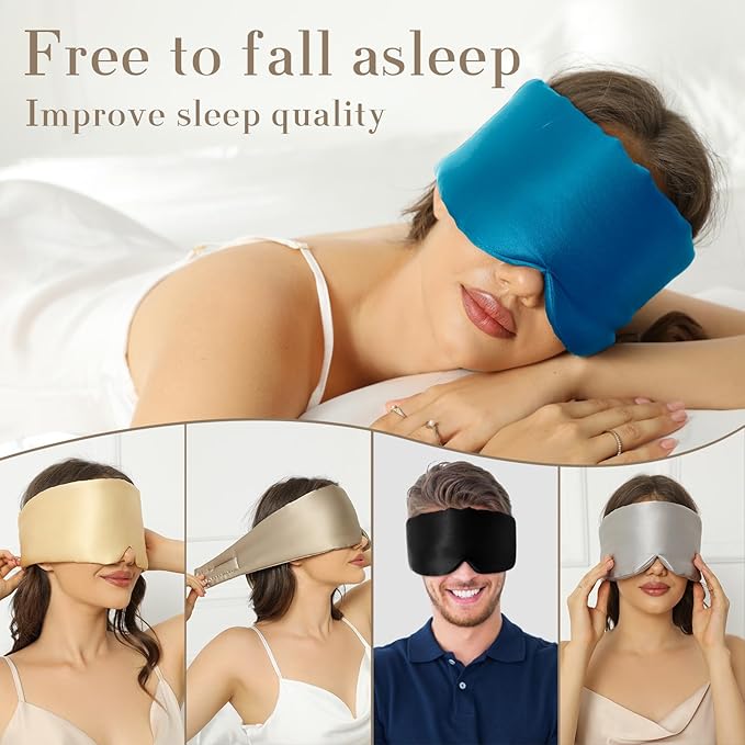 SECZIPE 100% Mulberry Silk Sleep Mask Eye Mask for Women Man with Adjustable Band, for Side Sleeper Blackout Sleep Mask for Travel Rest and Office Large Size (Blue)