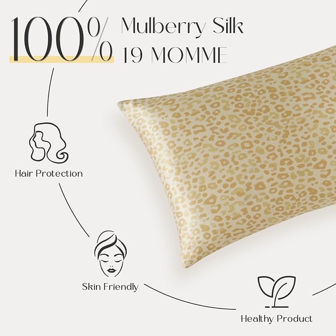 ZIMASILK 100% Pure Mulberry Silk Pillow Cases for Hair and Skin, Soft, Hypoallergenic & Smooth, Both Sides Grade 6A Silk, with Hidden Zipper, Gift for Women Men, 1pc (Queen 20"x30", Yellow Leopard)
