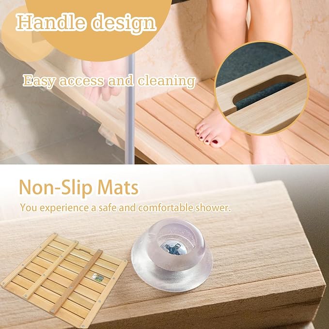 Eco-Friendly Natural Wooden Shower Mat - Non-Slip Bath Foot Pedal with Handle, Durable Water-Resistant Design, Custom Sizes (36x42in) for Stable Drainage in Bathrooms