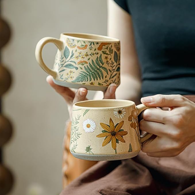 16OZ Ceramic Coffee Latte Mug, Cute Cup for Women, Ideal for Green Tea or Coffee,Hand Painted Floral Design Pottery Mug (sunflower)