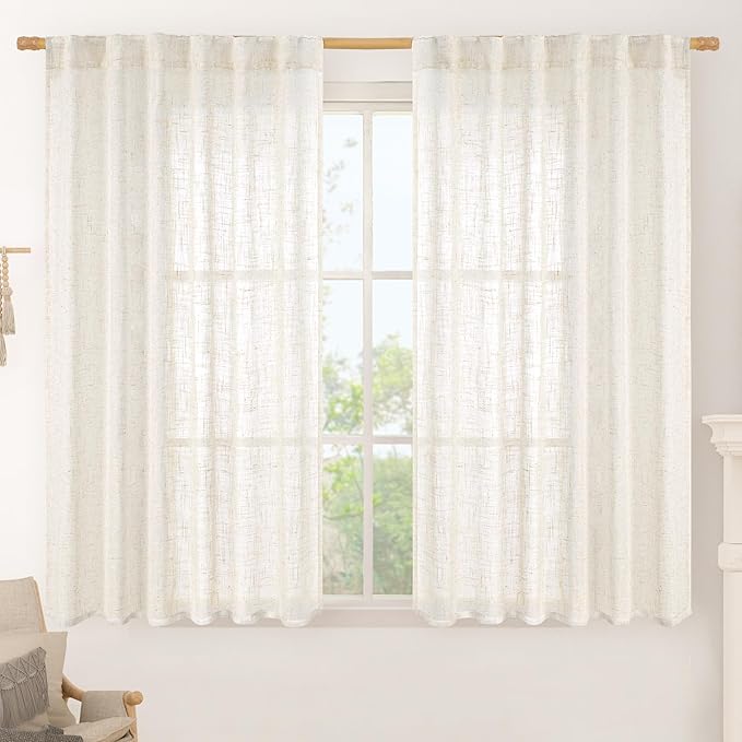 LAMIT Cream Linen Semi Sheer Curtains 48 Inch for Bedroom, Light Filtering Neutral Window Curtains Farmhouse Boho Back Tab and Rod Pocket Panels, 2 Panels, 52 x 48 Inch