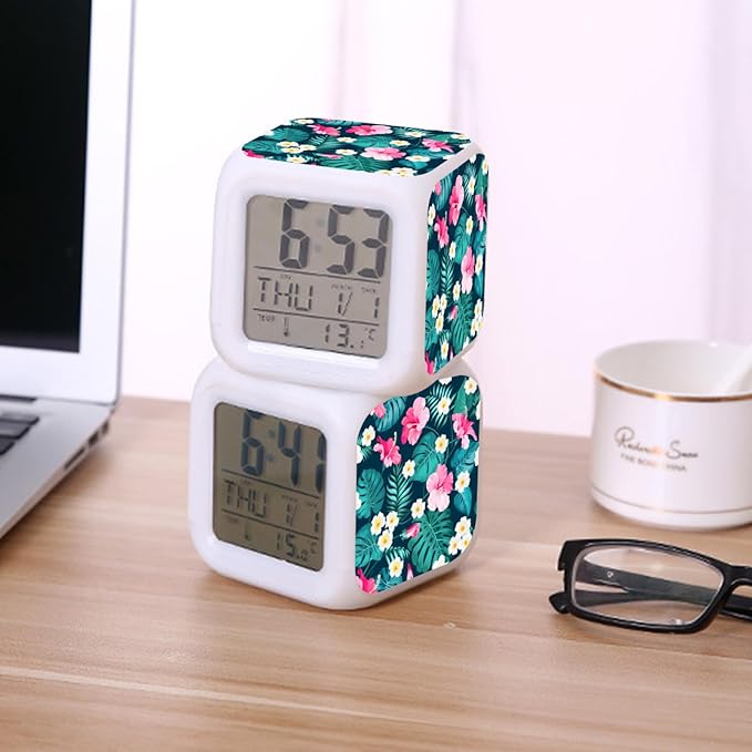 Digital Alarm Clock,Tropical Palm Tree with Flowers 7 Color Change LED Digital Alarm Clock with Date Thermometer for Toddlers,Girls and Boys