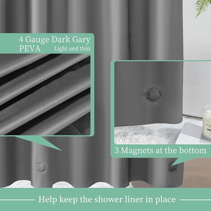 Mrs Awesome Dark Grey Shower Curtain Liner with 3 Magnets, 72x72 Premium Flexible Sturdy Plastic Shower Curtain for Bathroom Lightweight & Waterproof, Dark Gray