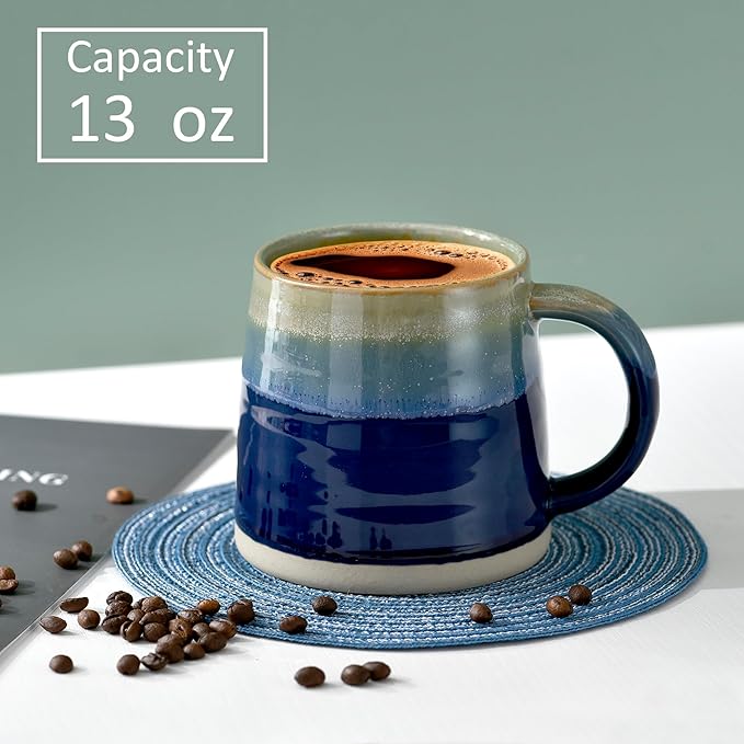 fMBB Large Ceramic Coffee Mugs, 13oz, Tea/Coffee Cups, Large Handle & Wide Bottom Coffee Mug, Transmutation Glaze, Hand Painted Mug, for Home or Office, Microwave and Dishwasher Safe, Blue Tone