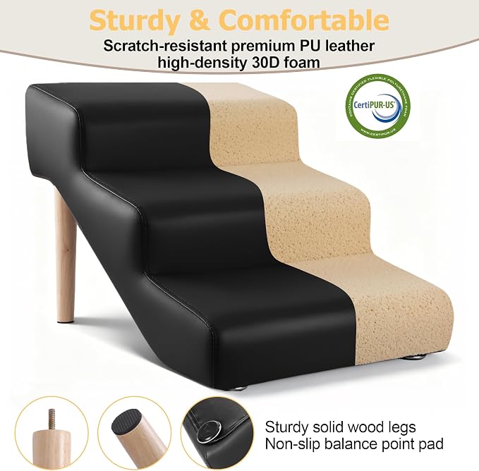 3-Step 15.7" H Dog Stairs for Pets up to 220lbs,Waterproof and Scratch PU Leather Pet Stairs with Oak Leg & Solid Wood Frame,Dog Ramp for Small Senior Large Dogs Cats,Non-Slip Feet,Black