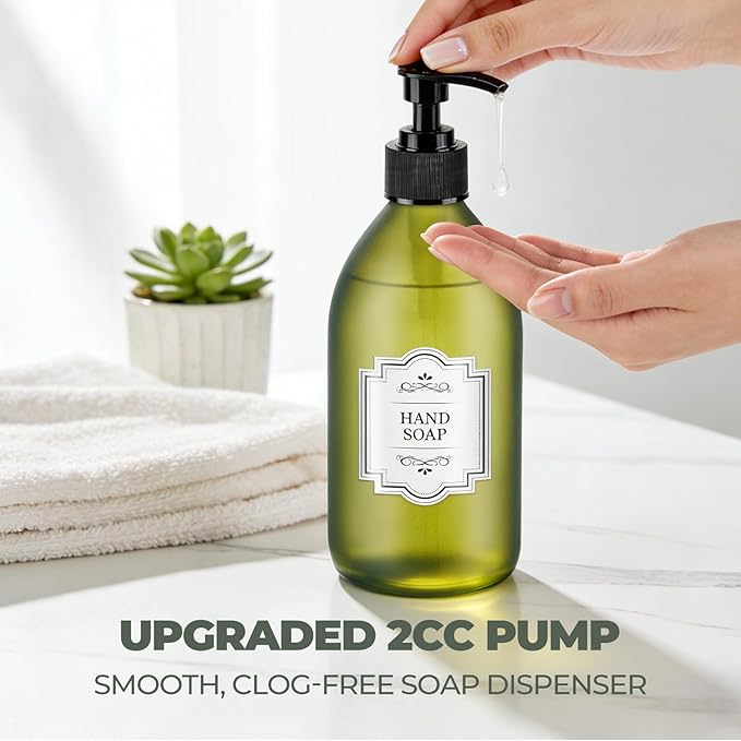 16 oz Frosted Green Glass Soap Dispenser with Pump, Glass Pump Bottle for Lotion Body Oil, 500ml Hand and Dish Soap Dispensers Set with Storage Caps, Labels - 2 Pack