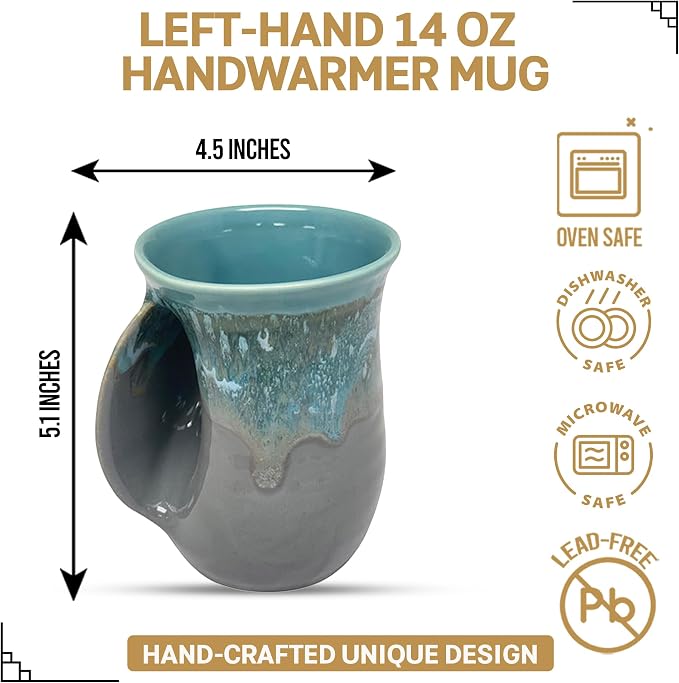 Clay in Motion Hand Warmer Coffee Mug – Handmade Coffee Mug With Comfortable Handle Contoured Pocket Hand Warming Ceramic Coffee Mug – Proudly Made in USA – Left Handed – 14 Oz - Riverstone