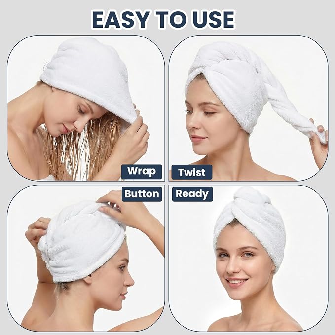 Mandydov 100% Cotton Hair Towel Wrap for Women, 2 Pack Thickened & Super Absorbent Turbans, Anti Frizz Quick Dry Hair Towels (White, Gray)