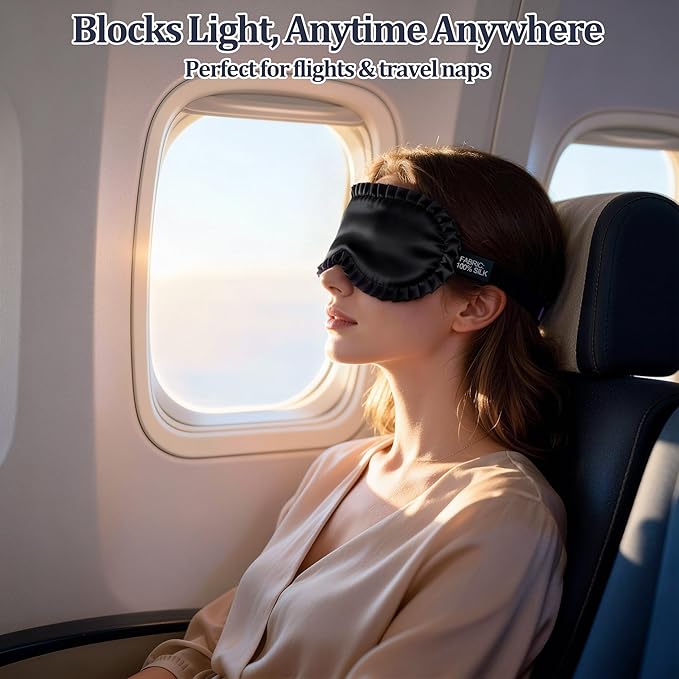 Silk Sleep Mask for Women, 100% Mulberry Silk Eye Mask, All-Silk Filled, Adjustable Elastic Strap with Elegant Wave Trim, Blackout Soft Eye Cover, Travel & Gift (Black)