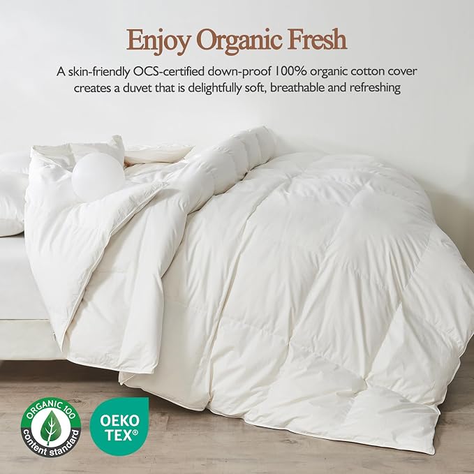100% Organic Cotton Feather & Down Fibers Comforter Queen Size, All-Season Hotel-Style Hypoallergenic Duvet Insert, Ivory White 90x90 Inch