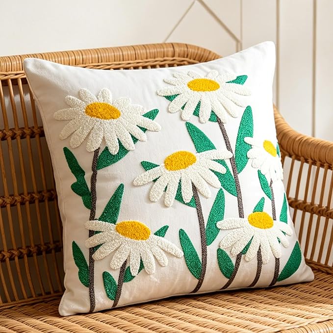 Embroidered Throw Pillow Cover 18x18 Inch,Cotton Canvas Floral Pillow Case, Daisy Wildflower Leaf Boho Farmhouse Decorative Cushion Square for Sofa Bedroom Living Room Outdoor Couch Farmhouse (A009)