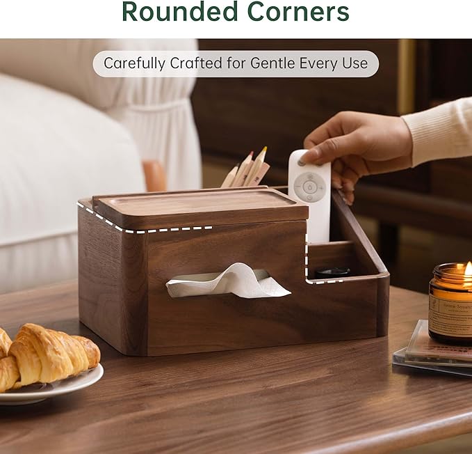 YESWOOD Walnut Tissue Box Cover - Multifunctional Tissue Box Holder with Storage Tray, Minimalist Rectangle Tissue Box Cover for Living Room, Bedroom, Bathroom, Office.