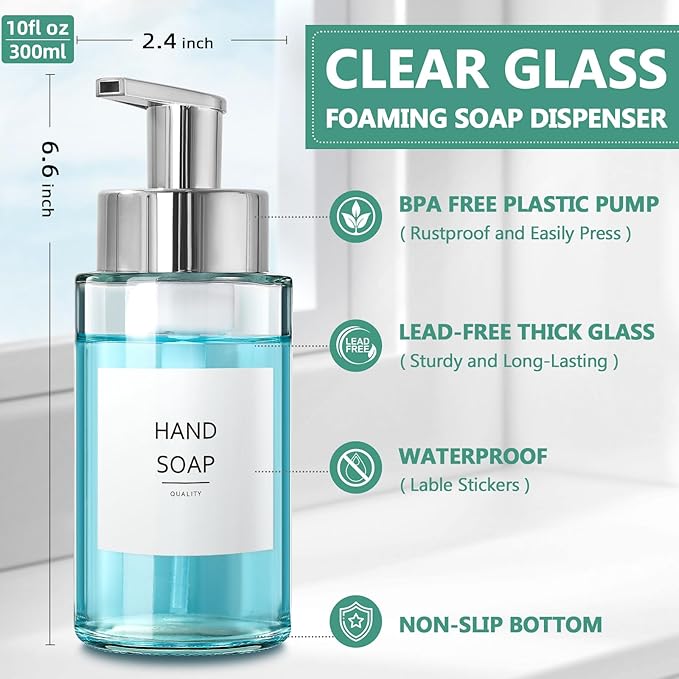 RYTOXILO Glass Soap Dispenser, 10 oz/300ml Foaming Soap Dispenser, 2 Pack Foaming Hand Dispenser for Bathroom & Kitchen, Clear Refillable Foam Soap Bottle with Silver Pump