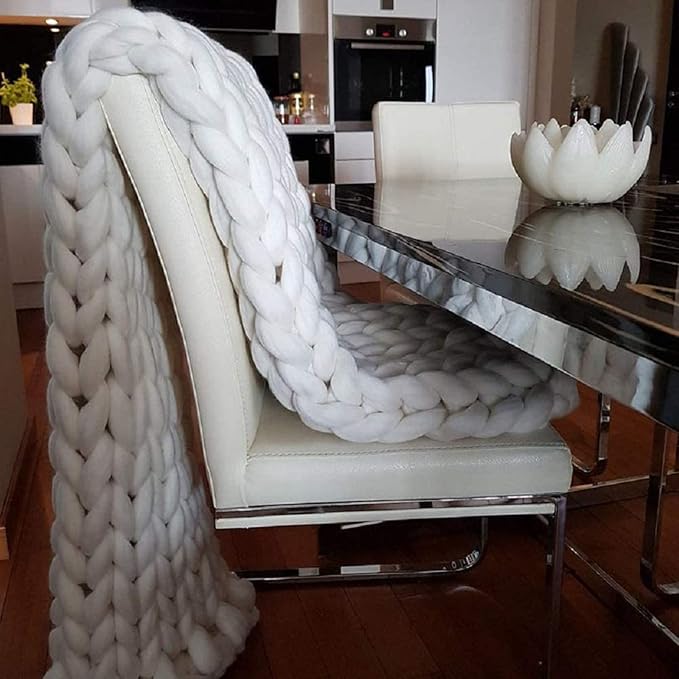 BBPM Chunky Knit Throw Blanket 100% Hand Made Large Merino Wool Loop Yarn Soft Fluffy Throws for Couch Sofa Bed Big Crochet Cozy Heavy Thick Cable Woven Blanket,White,80x80cm/31x31in