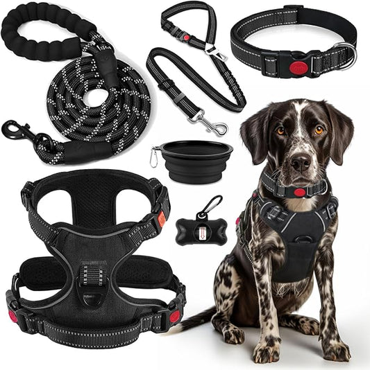 LOBEVE No Pull Dog Harness, Collar & Leash Set | Includes Dog Seat Belt, Collapsible Bowls & Poop Bag Dispenser. Ideal for Training, Walking, Hiking. Fits Small to Large Dogs(Black-S)