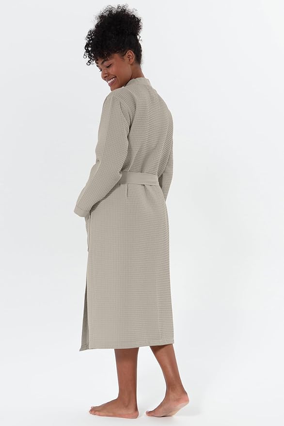 SEYANTE Women's Organic Cotton Waffle Kimono, Hooded Robe – GOTS Certified Lightweight Full-Length Spa Bathrobe with Piping