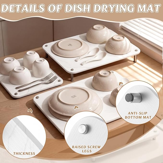 3 Pcs Nesting Stone Drying Mat for Kitchen Counter, Diatomaceous Dish Stone Drying Mats Quick for Kitchen Counter, Non Slip Feet, Heat Resistant, Nesting Stackable Design(Marble,White)