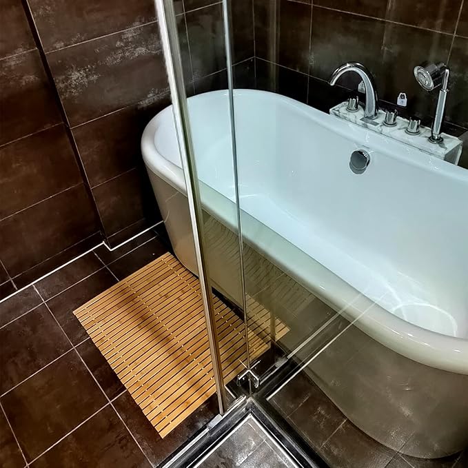 HJJKKH Bath Mat, Wooden Bathroom Mat Rayon Derived from Bamboo 27.6"x19.7", Rollable Non-Slip Floor Mat, Wooden Shower Mat for Bathroom, Bathtub, Spa, Sauna, Hot Tub & Outdoor Use