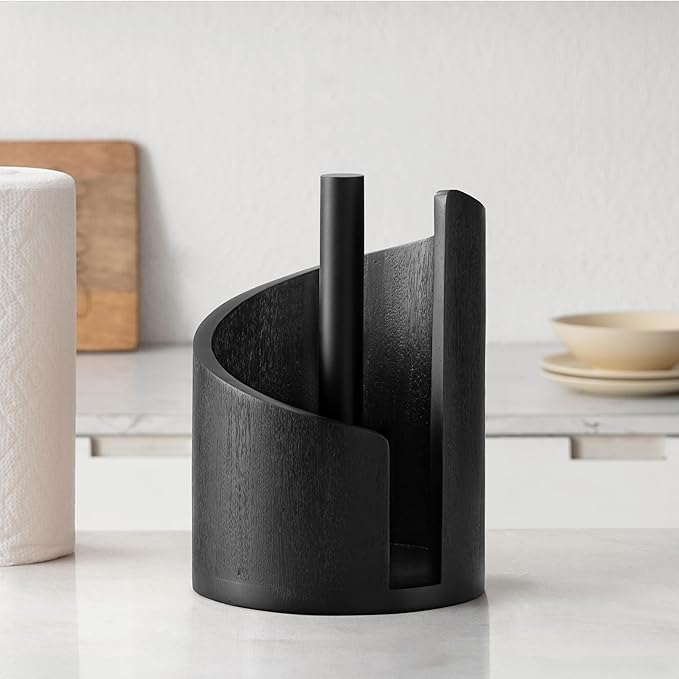 Anji Mountain Wooden Paper Towel Holder Countertop with Mango Wood Round Base and Iron Holder, Holder Stand for Kitchen Roll Organizer & Kitchen Dining Table Home Decor - Black/Black, Classic