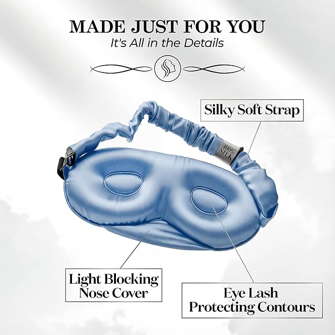 SLEEP SANCTUARY 100% Pure Mulberry Silk Sleep Mask - 22 Momme Light Blocking 3D Contour Silk Eye Mask for Sleeping - Secure Fit for Side Sleepers, Women & Men - Cloud Soft (Misty Blue)