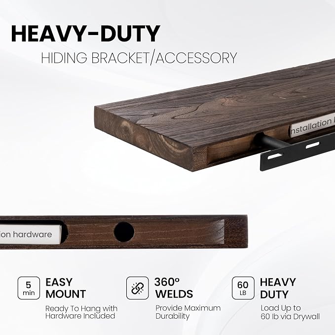 Floating Shelves for Wall, 24"x9.3" Rustic Solid Live-Edge Elm Wood Wall Shelves, Heavy-Duty Floating Shelves with Invisible Brackets, Set of 2 for Living Room, Bedroom, and Kitchen, Walnut Finish